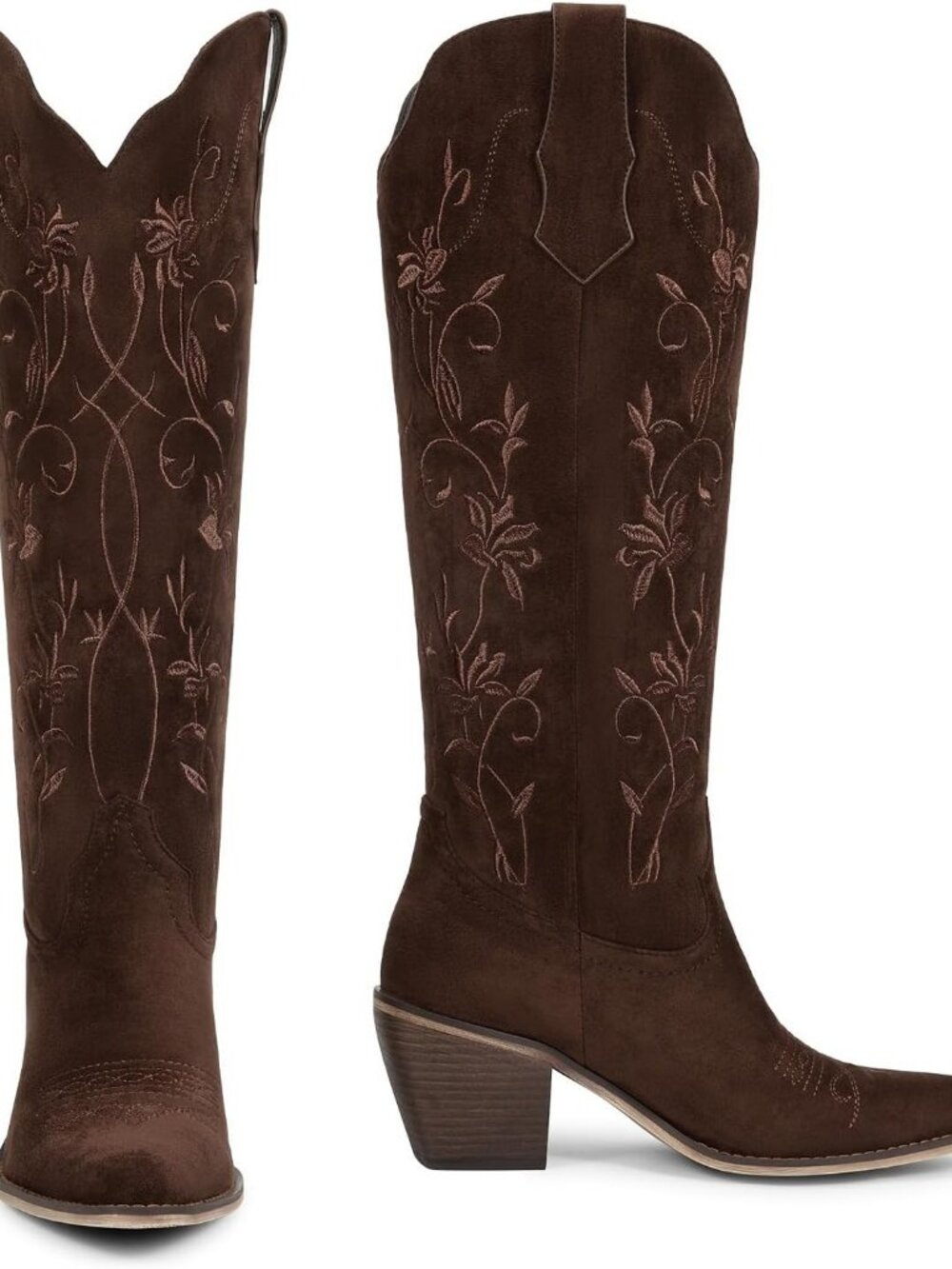 Women's Chocolate Cowboy Boots Knee High with Pointed Toe Chunky Heel Floral - Picture 4 of 6